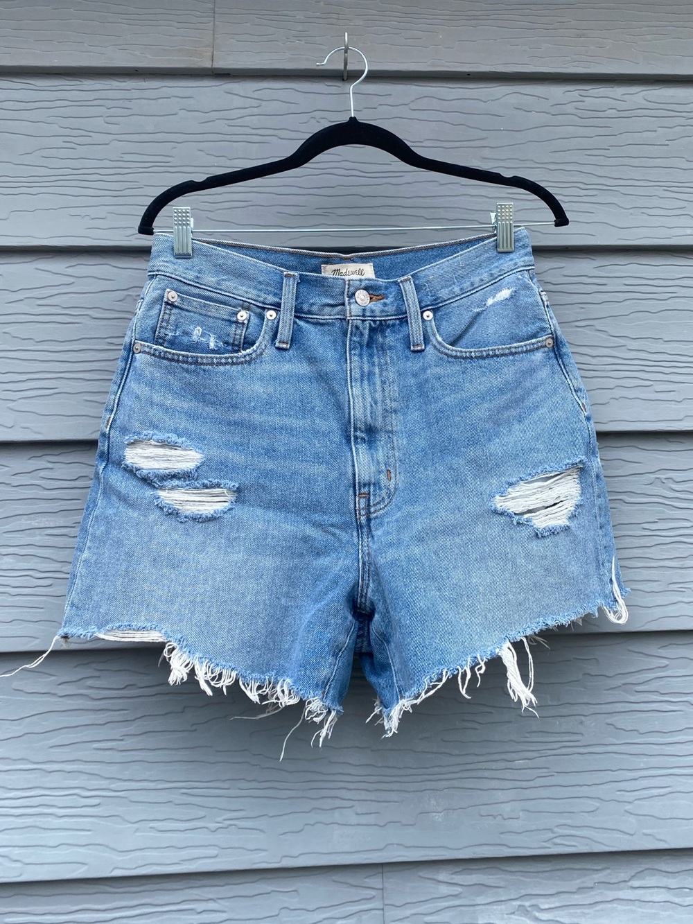 Woman’s Madewell High-Rise Distressed Denim mom jean Shorts in Light Blue